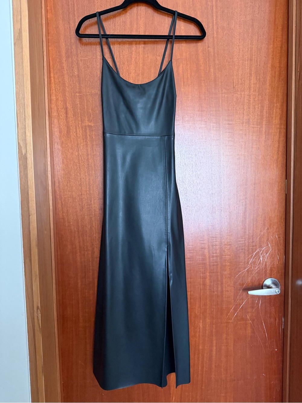 Zara Black Faux-Leather Midi Slip Dress with Side Slit